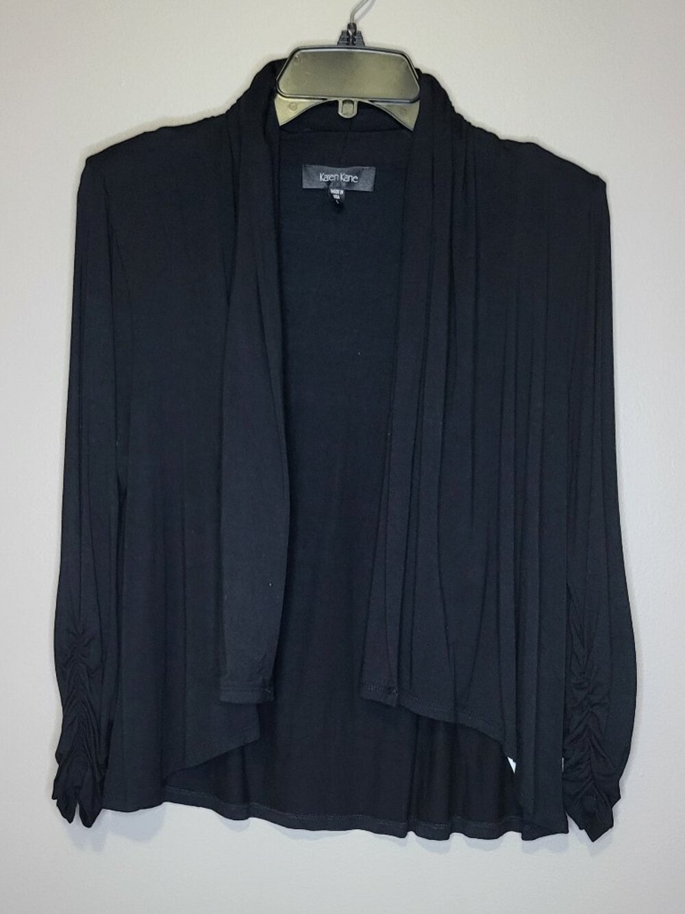 Karen Kane Black Open Front Drape Cardigan Ruched 3/4 Sleeve Lightweight Size L